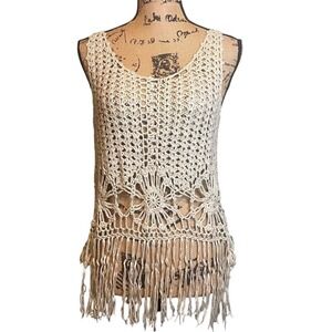 VTG Miss Kelly 1999 90s Women Boho Crochet Hippie Festival Sheer Top Beige Large
